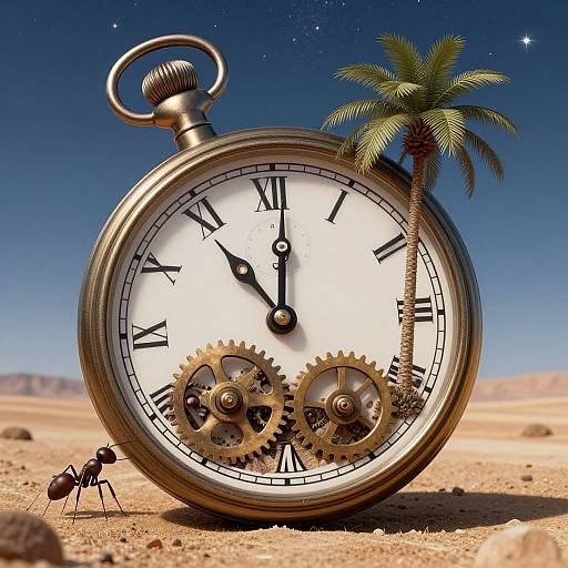 Photograph of a giant, bronze pocket watch with gears, black Roman numerals, and hands, set in a desert with a small ant and palm