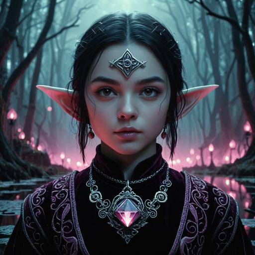 Female Halfling with Enchanted Crystal Pendant in Misty Swamp