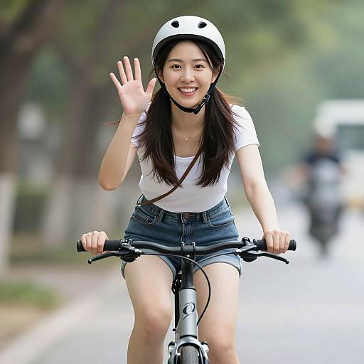 Woman Waving While Riding Bike
