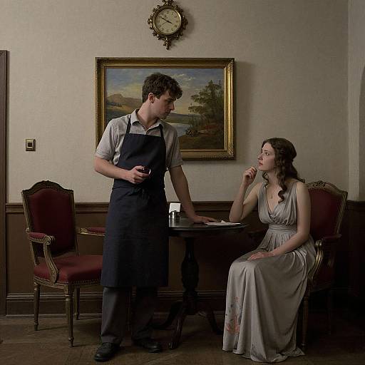 Photograph of a young waiter in a dark apron and shirt standing beside a seated woman in a white, floral dress, in a dimly lit