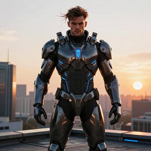 Photorealistic CGI of a muscular man in a sleek, black, blue-accented Iron Man-style suit standing on a rooftop at sunset, city