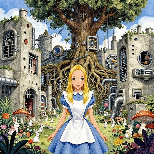 Digital art: Blonde Alice in blue dress stands before a giant tree with roots entwining a steampunk castle, surrounded by mushrooms, rabbits,