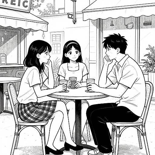 Black-and-white manga-style drawing of three Japanese high school students, two girls and one boy, sitting at a café table, chatting and sipping drinks