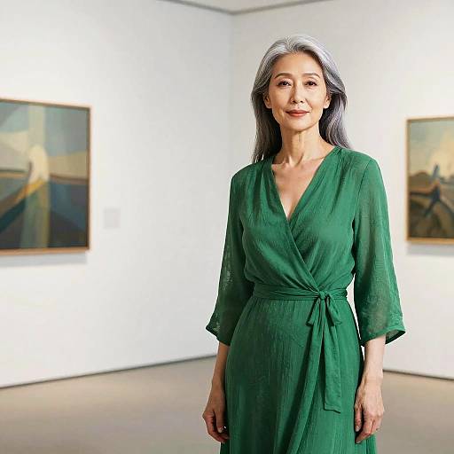 Photograph of an Asian woman with long gray hair, wearing a green wrap dress, standing in a brightly lit art gallery with two blurred paintings on white