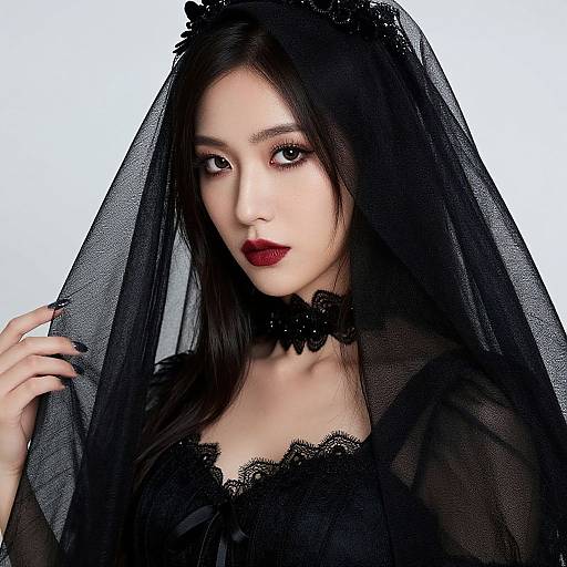 Photograph of an East Asian woman with pale skin, black lace dress, and veil, wearing dark red lipstick, black choker, and holding her