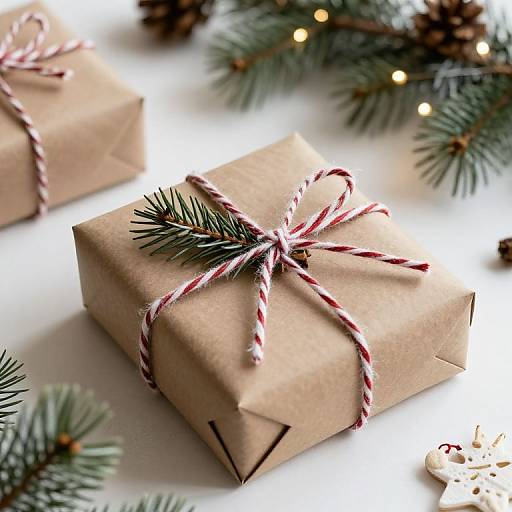 Photograph of two brown-wrapped gifts with red-and-white striped twine, surrounded by pine branches and small white fairy lights.