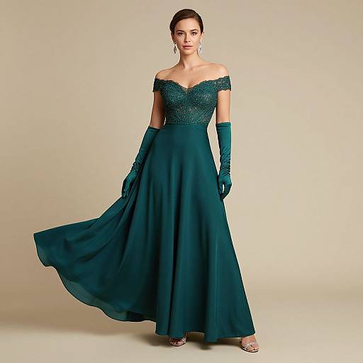 Photograph of a woman in an off-the-shoulder, emerald-green, lace-trimmed gown with long gloves, flowing skirt, and