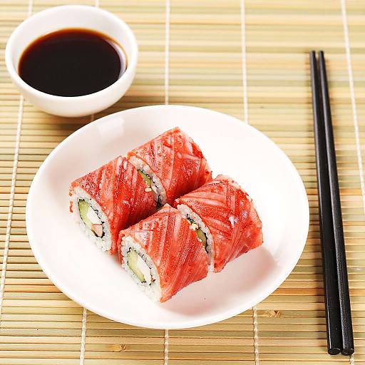 Vibrant Red Sushi Rolls on Bamboo
