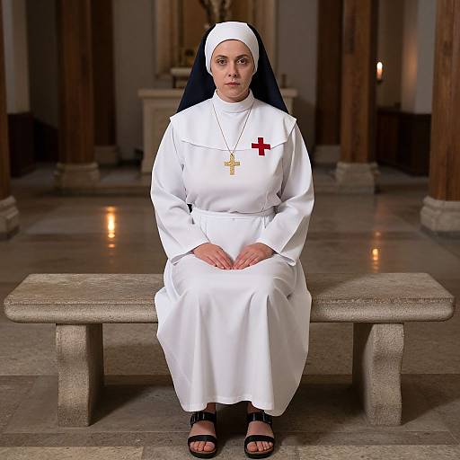 Photograph of a solemn nun in white habit with black veil, red cross pin, gold cross necklace, sitting on stone bench in dimly lit,