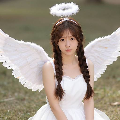 Photograph of an Asian woman with long black braids, wearing a white angel costume with fluffy wings and halo, sitting on grass.