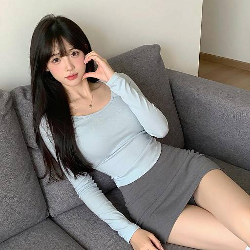 Young Woman Reclining on Gray Couch