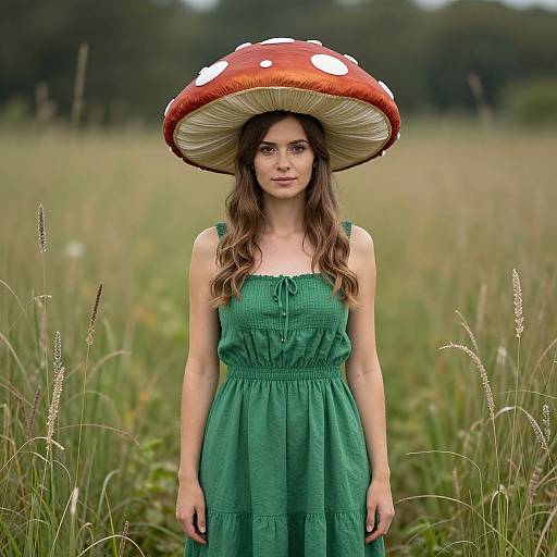 Photograph of a young woman with long brown hair wearing a green dress and a large red mushroom hat, standing in a grassy field with blurred trees