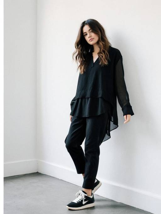 Woman in Casual Black Outfit Leaning on Wall
