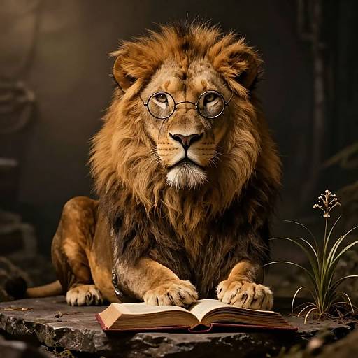 Photorealistic digital artwork of a majestic lion with a thick mane, wearing round glasses, lying on a rock, reading an open book with a small