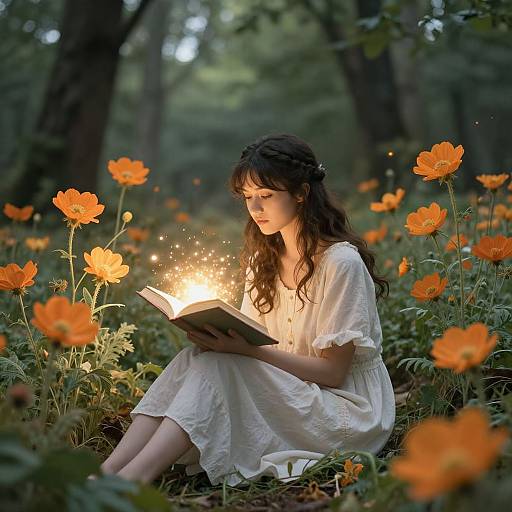 Photograph of a fair-skinned woman with long, wavy brown hair wearing a white dress, sitting in a forest of orange flowers, reading a