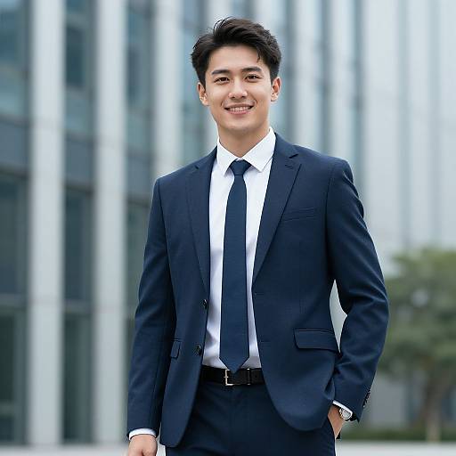 Photograph of a young Asian man with short black hair, smiling, wearing a dark navy suit, white shirt, and black tie, standing in front