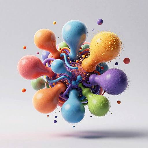 Vibrant 3D digital artwork featuring colorful, glossy spheres and abstract shapes in blue, orange, purple, green, and red, floating against