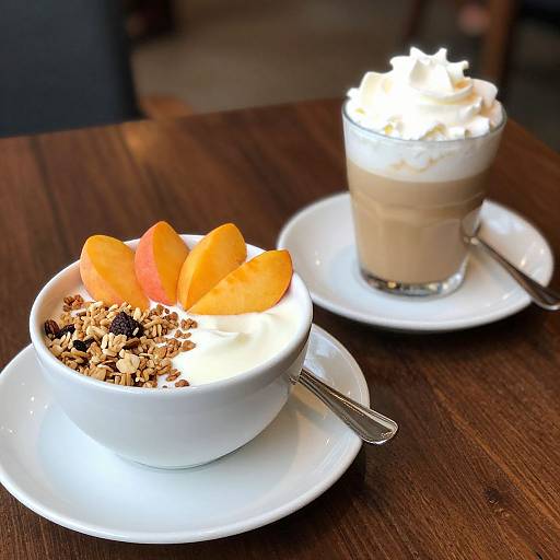 Photograph of two desserts on white saucers: a white bowl with peach slices and granola, and a glass with whipped cream topped milkshake