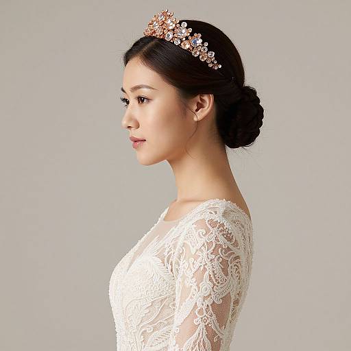 Photograph of an Asian woman in profile, wearing a white lace wedding dress and a pink floral tiara, with dark hair in an elegant bun,
