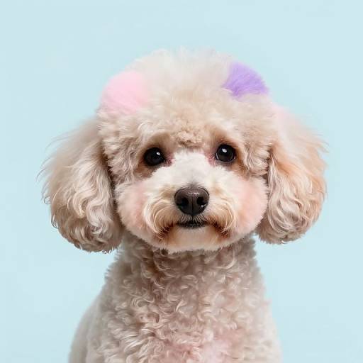 Photograph of a fluffy, light beige, curly-haired puppy with dark eyes, black nose, and soft fur, centered against a bright blue background.