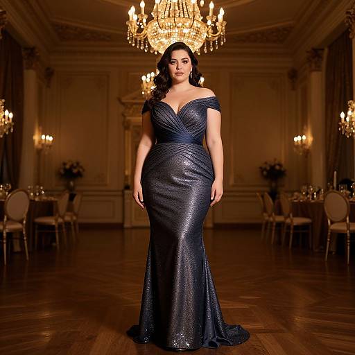 Photograph of a plus-size woman with long dark hair wearing a sparkly, off-shoulder navy blue evening gown, standing in an elegant,