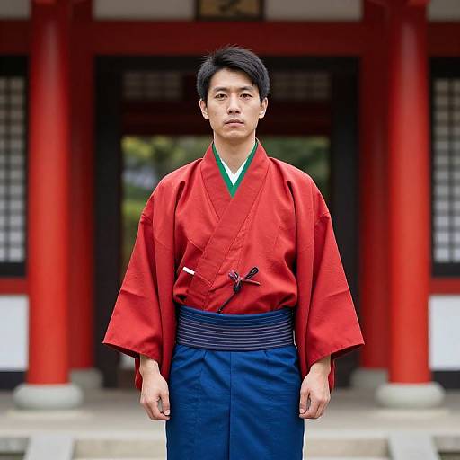 Photograph of an Asian man in a red kimono and navy hakama standing in front of a traditional Japanese shrine with red pillars.