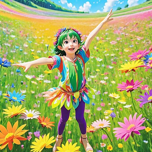 Joyful Elf in Colorful Meadow Scene Joyful Elf in Colorful Meadow Scene