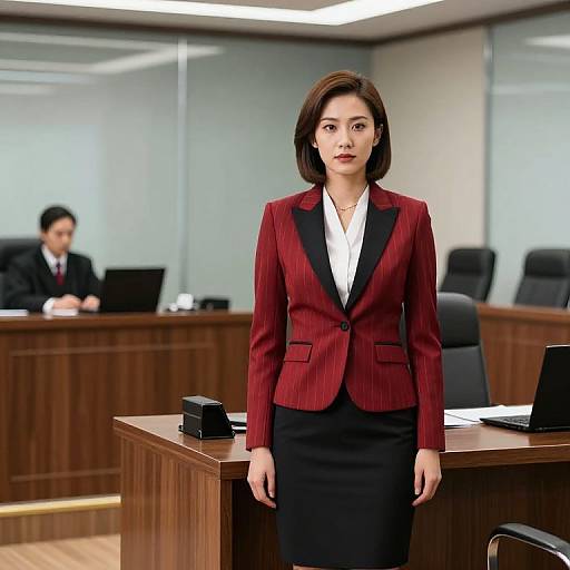Photograph of a serious Asian woman in a red pinstripe blazer and black skirt, standing in a modern office with wood desks, a man