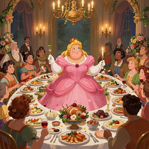 Digital illustration of a fairy tale dinner with a large, smiling blonde princess in pink gown holding candles, surrounded by diverse guests in formal attire, enjoying a