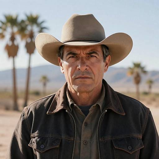 Stern Cowboy in Desert Landscape