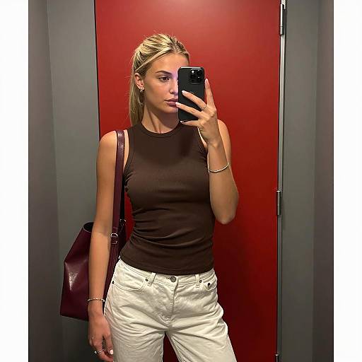 Blonde woman taking selfie in mirror