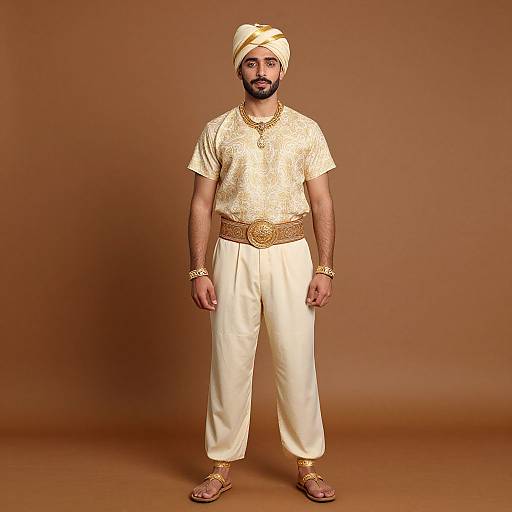 Photograph of a bearded man in traditional South Asian attire: gold embroidered shirt, white pants, gold belt, sandals, and turban, standing