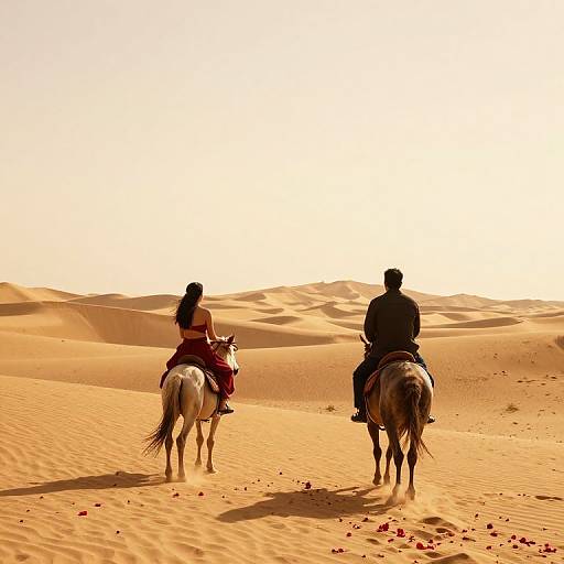 Photograph of two silhouetted riders, one woman and one man, on horses, traversing golden desert dunes under a bright, sun