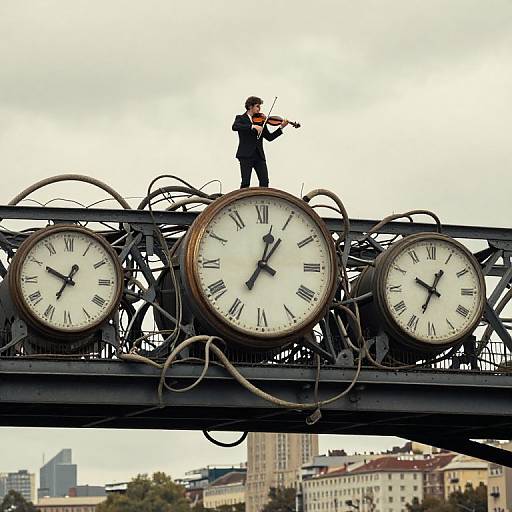 Photograph of a man in a black suit standing on a clock bridge, playing violin, with large, ornate clocks behind him. Urban buildings in