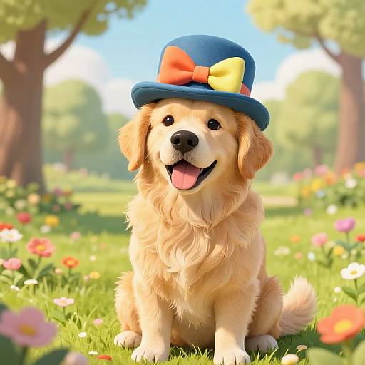 Photorealistic CGI of a golden retriever with a blue top hat and yellow-orange bow, sitting in a sunny, flower-filled garden.
