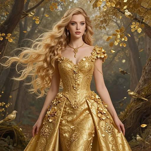 Photorealistic digital art of a blonde woman with long wavy hair, wearing an ornate, gold, floral-embellished ball gown,
