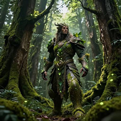 Fantasy forest scene: muscular male warrior with green, leaf-adorned armor, horned helmet, and glowing leaves, standing among moss-covered trees