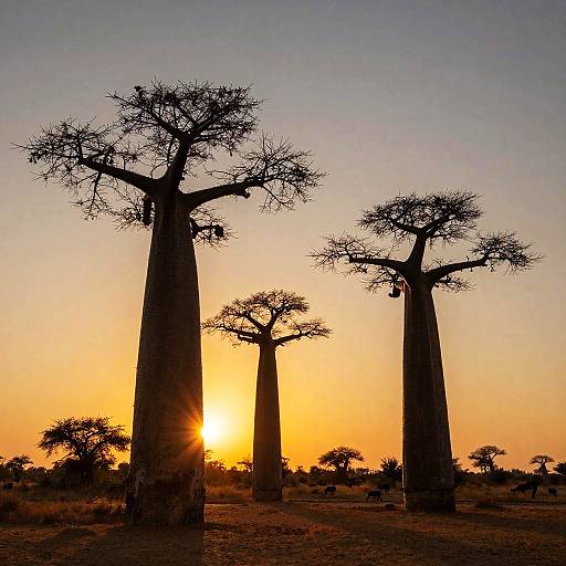 Photograph of silhouetted baobab trees against a vibrant orange sunset in an African savanna, with sparse acacia trees in the background