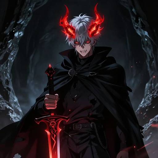Digital anime-style illustration of a white-haired, red-eyed demon with glowing red horns, wearing a black cloak, holding a red, glowing sword in a