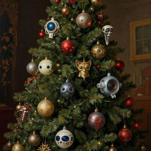Photograph of a decorated Christmas tree with dark, gothic ornaments including skulls, masks, and geometric patterns, illuminated by warm light.