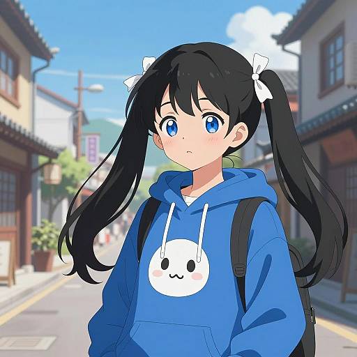 Anime Girl in Blue Hoodie Illustration