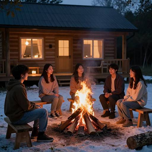 Cozy Winter Campfire Gathering Scene