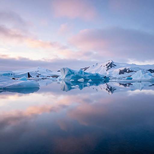 Photograph of serene Arctic landscape with snow-covered icebergs, calm reflective water, and a pastel-colored sky at dawn or dusk.