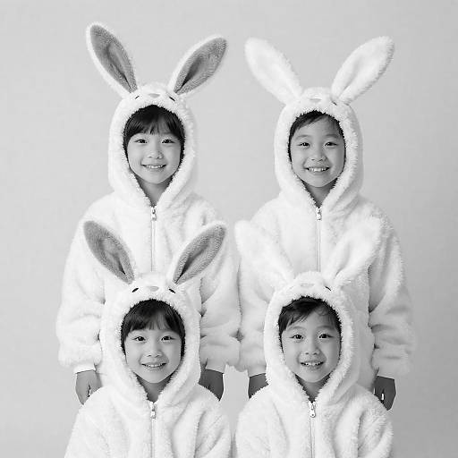 Black-and-White Children in Bunny Hoodies