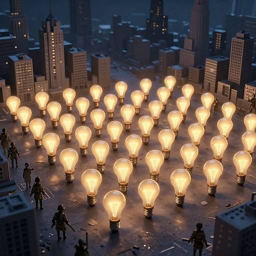 Photograph of a city rooftop at night, illuminated by numerous glowing incandescent light bulbs, with silhouetted figures among them.