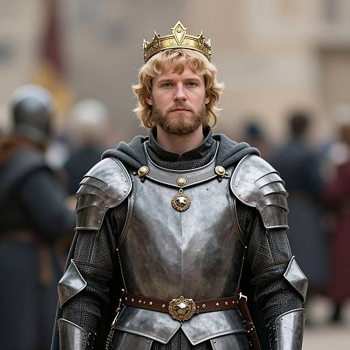 Photograph of a bearded, blonde king with a golden crown, wearing silver armor with black chainmail, standing in a blurred medieval courtyard.