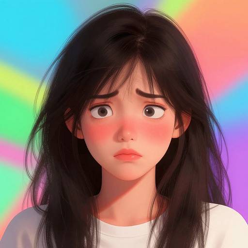 Digital anime-style portrait of a young woman with long black hair, wide brown eyes, and blushed cheeks, wearing a white shirt, against a colorful