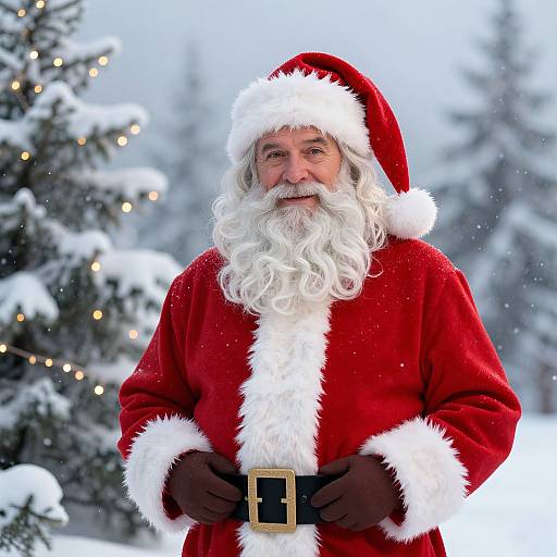 Photograph of a smiling Santa Claus with a white beard, red suit, black belt, and fur trim, standing in a snowy, Christmas tree-l
