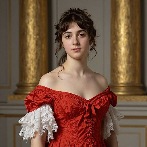 Photograph of a young woman with fair skin and dark hair, wearing a red off-shoulder dress with white lace sleeves, in front of golden