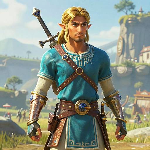 CGI image of a muscular, blond, elven warrior in blue tunic, brown leather armor, and sword, standing in a sunny, mountain